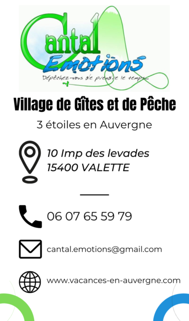 Logo et coordonnées complètes de notre village de gites Cantal Emotions qui se situe à quelques kilomètres de Riom-ès-Montagnes en Auvergne